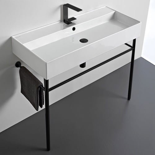 Large Ceramic Console Sink and Matte Black Stand, 40